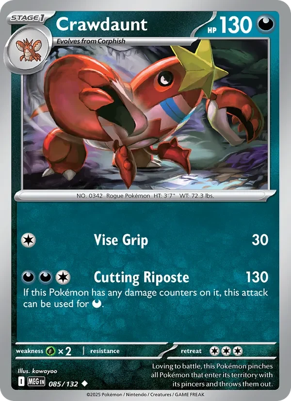 Crawdaunt 085/132 Mega Evolution Pokémon card, Uncommon, front scan
