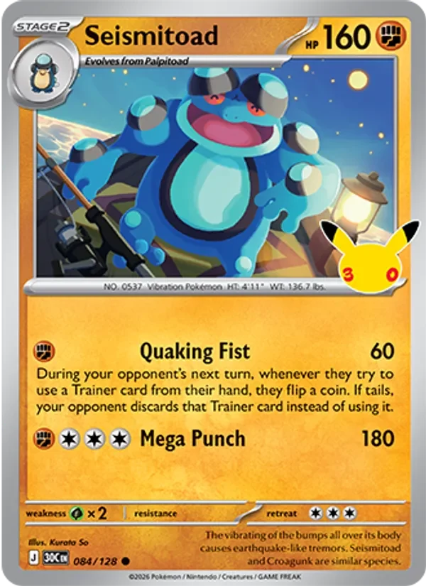 Seismitoad 084/128 30th Celebration Pokémon card, Common, front scan