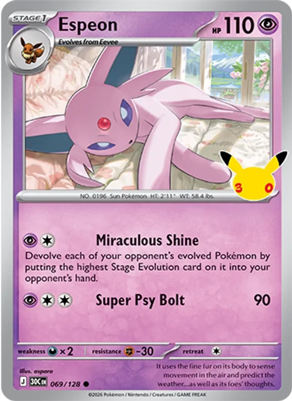 Espeon 069/128 30th Celebration Pokémon card, Common, front scan