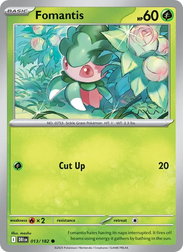 Fomantis 013/182 Destined Rivals Pokémon card, Common, front scan