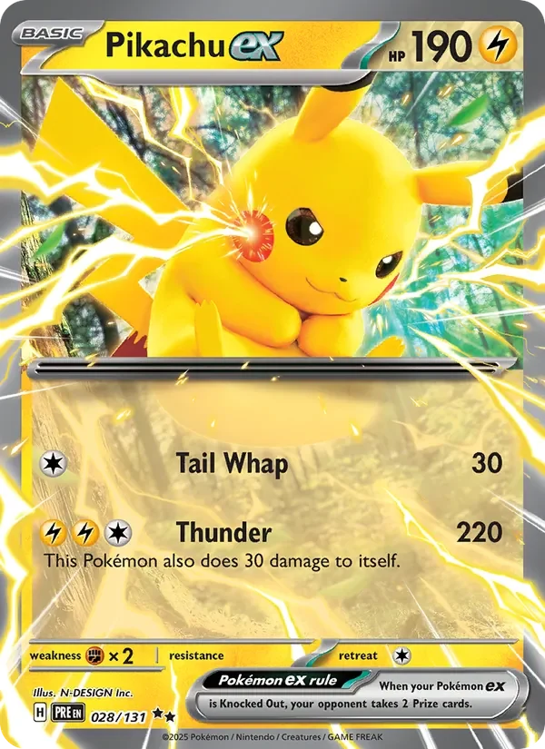 Pikachu ex 028/131 Prismatic Evolutions Pokémon card, Double Rare, front scan