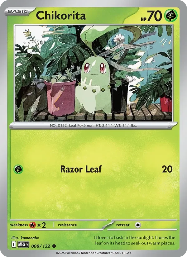 Chikorita 008/132 Mega Evolution Pokémon card, Common, front scan