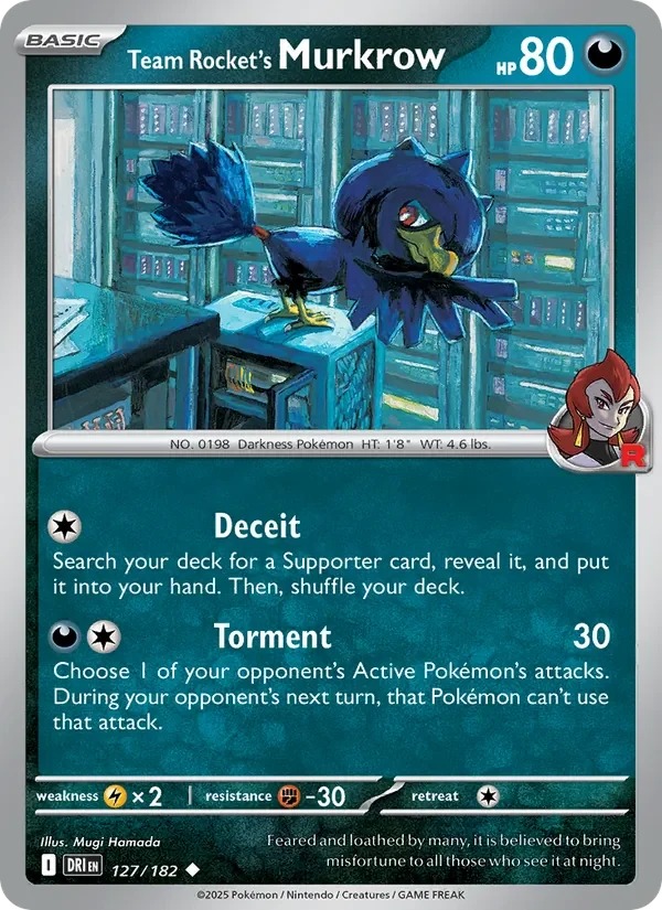Team Rocket's Murkrow 127/182 Destined Rivals Pokémon card, Uncommon, front scan