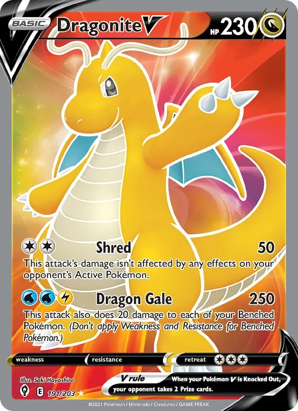 Dragonite V 191/203 Evolving Skies Pokémon card, Ultra Rare, front scan