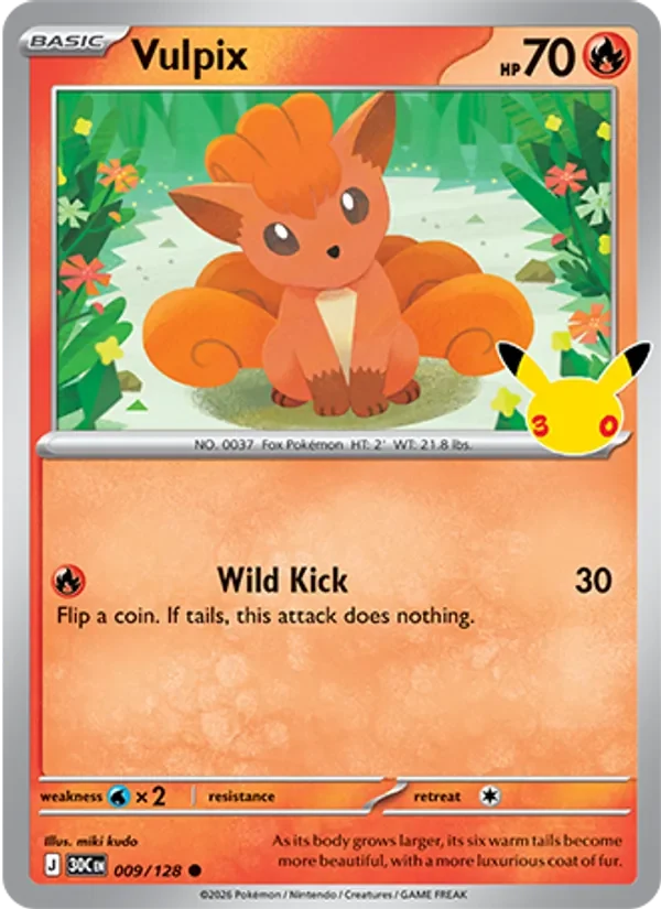 Vulpix 009/128 30th Celebration Pokémon card, Common, front scan