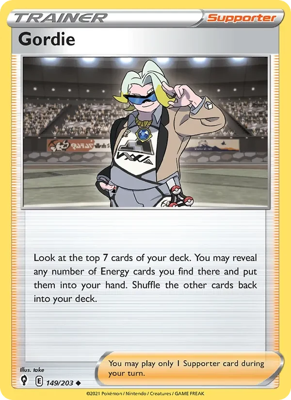 Gordie 149/203 Evolving Skies Pokémon card, Uncommon, front scan