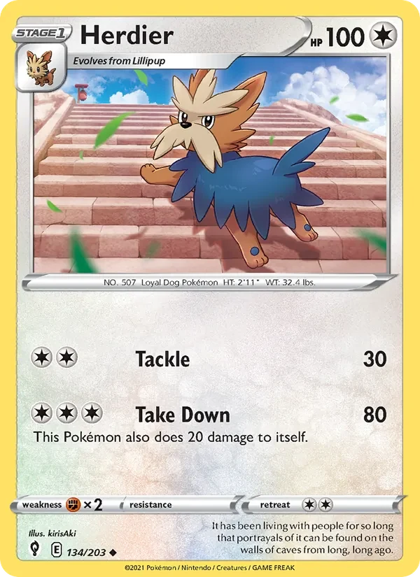 Herdier 134/203 Evolving Skies Pokémon card, Uncommon, front scan