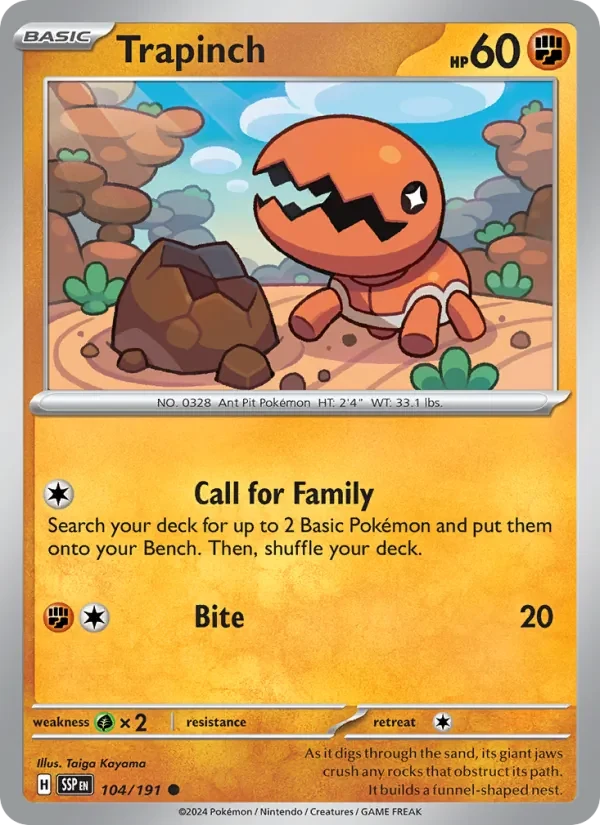 Trapinch 104/191 Surging Sparks Pokémon card, Common, front scan