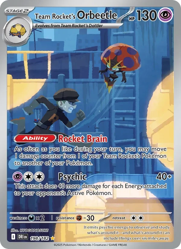 Team Rocket's Orbeetle 198/182 Destined Rivals Pokémon card, Illustration Rare, front scan