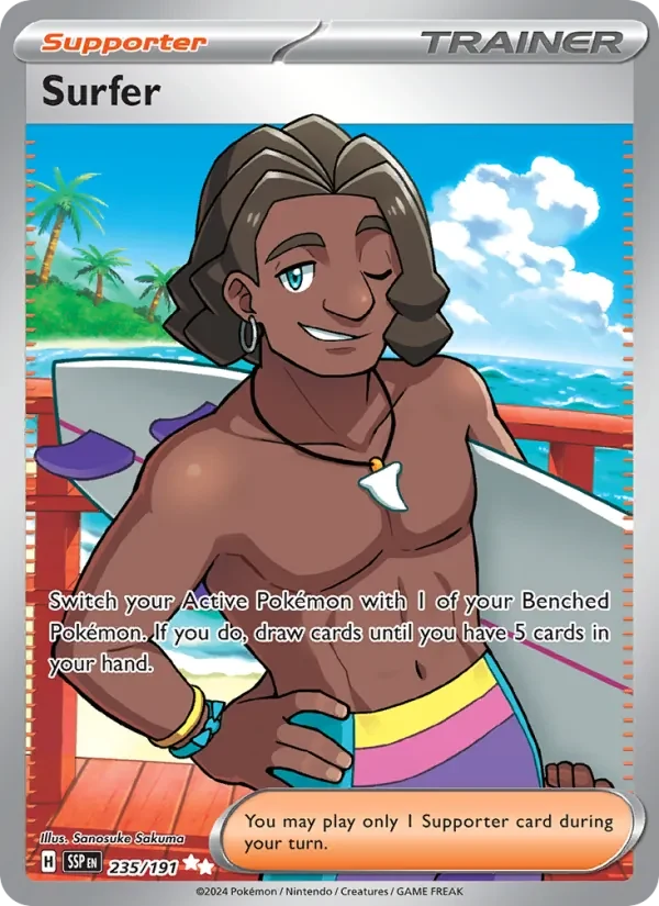 Surfer 235/191 Surging Sparks Pokémon card, Ultra Rare, front scan