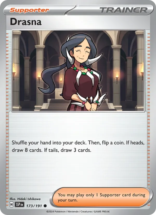 Drasna 173/191 Surging Sparks Pokémon card, Common, front scan