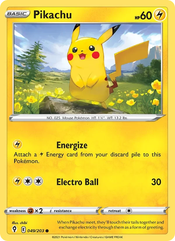 Pikachu 049/203 Evolving Skies Pokémon card, Common, front scan