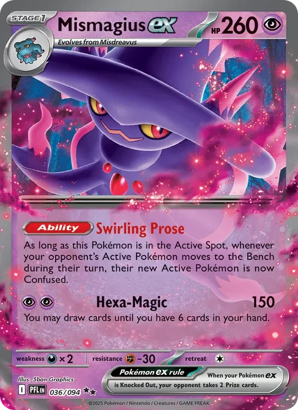 Mismagius ex 036/094 Phantasmal Flames Pokémon card, Double Rare, front scan