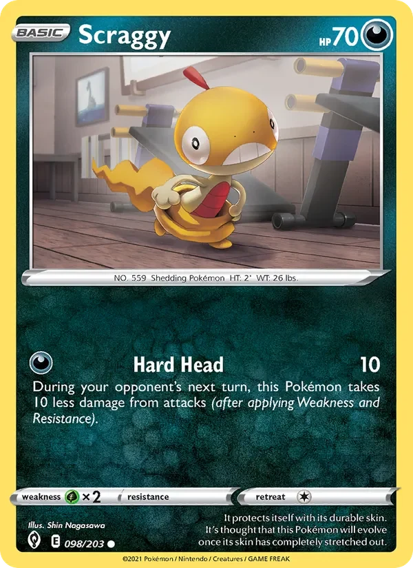 Scraggy 098/203 Evolving Skies Pokémon card, Common, front scan