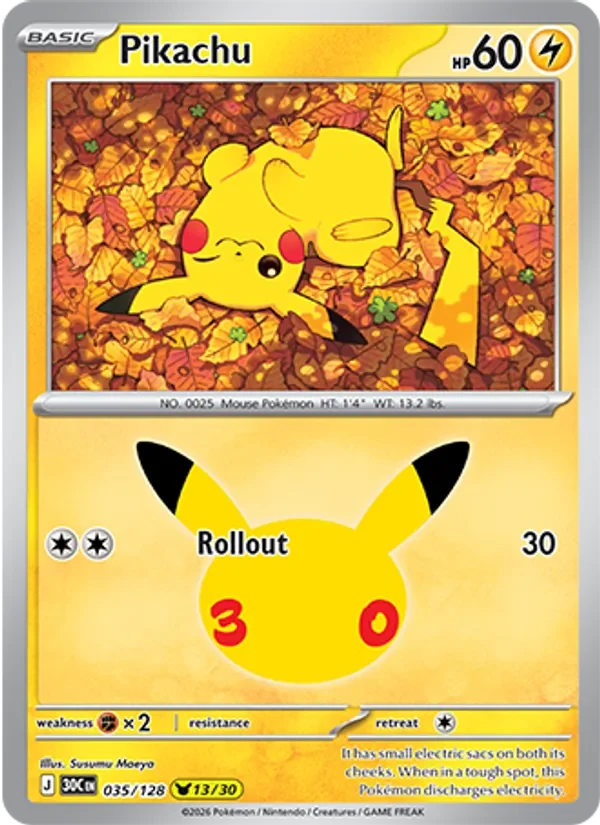 Pikachu 035/128 30th Celebration Pokémon card, Pikachu Rare, front scan