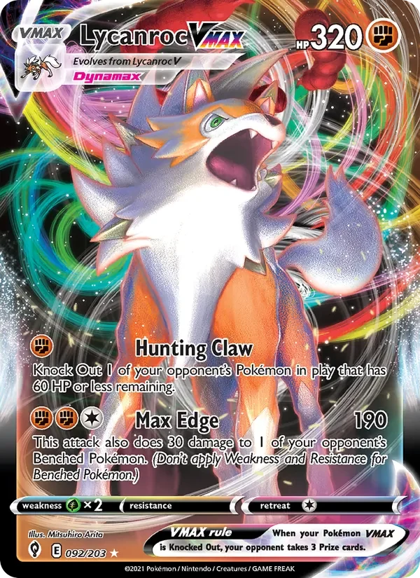 Lycanroc VMAX 092/203 Evolving Skies Pokémon card, Holo Rare Vmax, front scan