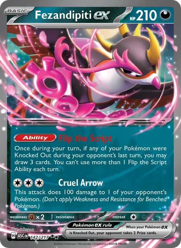 Fezandipiti ex 142/217 Ascended Heroes Pokémon card, Double Rare, front scan
