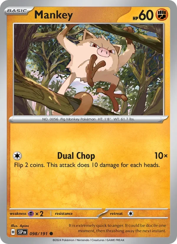 Mankey 098/191 Surging Sparks Pokémon card, Common, front scan