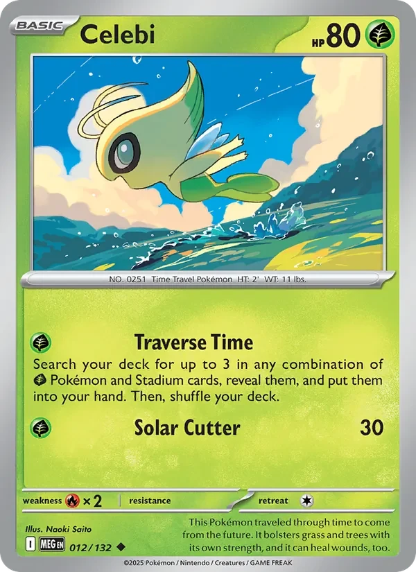 Celebi 012/132 Mega Evolution Pokémon card, Uncommon, front scan