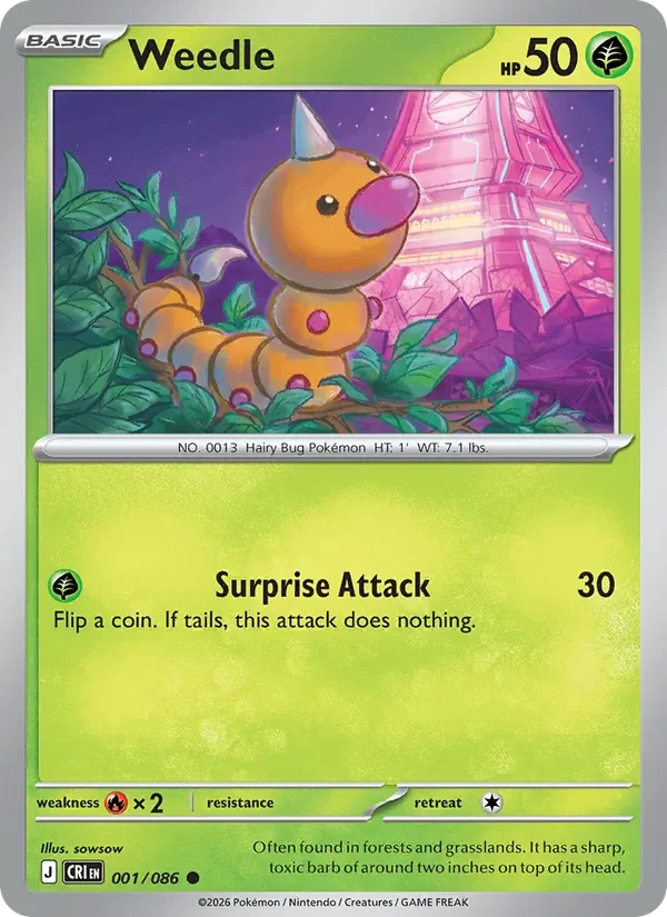 Weedle 001/086 Chaos Rising Pokémon card, Common, front scan
