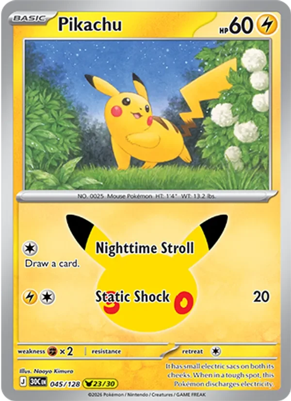 Pikachu 045/128 30th Celebration Pokémon card, Pikachu Rare, front scan