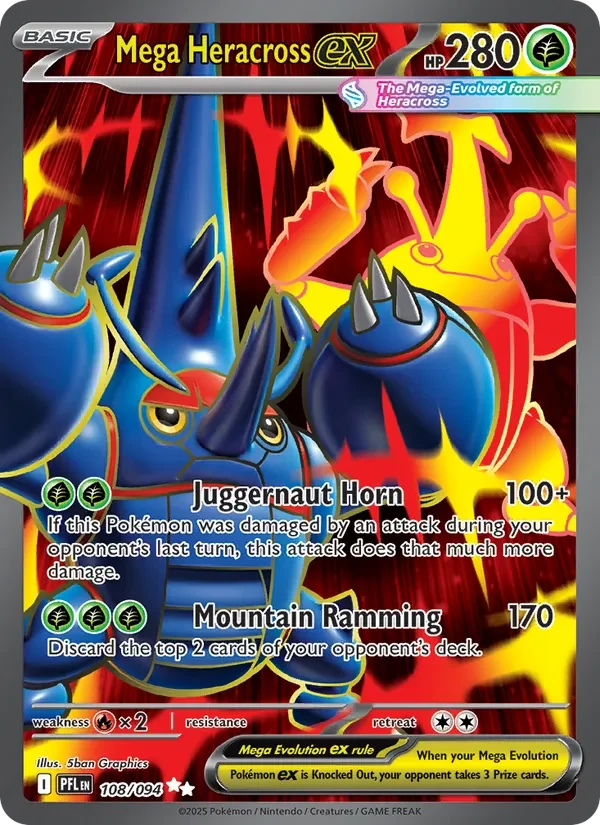 Mega Heracross ex 108/094 Phantasmal Flames Pokémon card, Ultra Rare, front scan