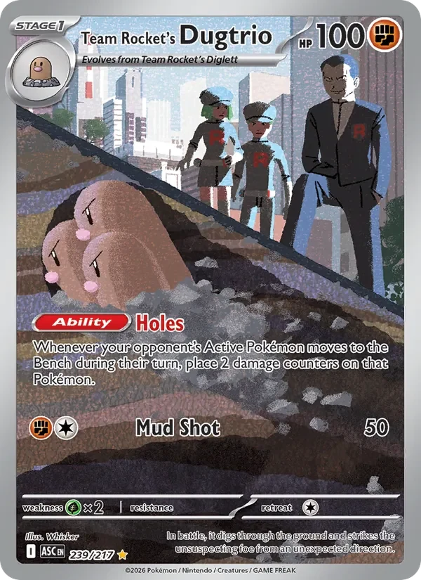 Team Rocket's Dugtrio 239/217 Ascended Heroes Pokémon card, Illustration Rare, front scan
