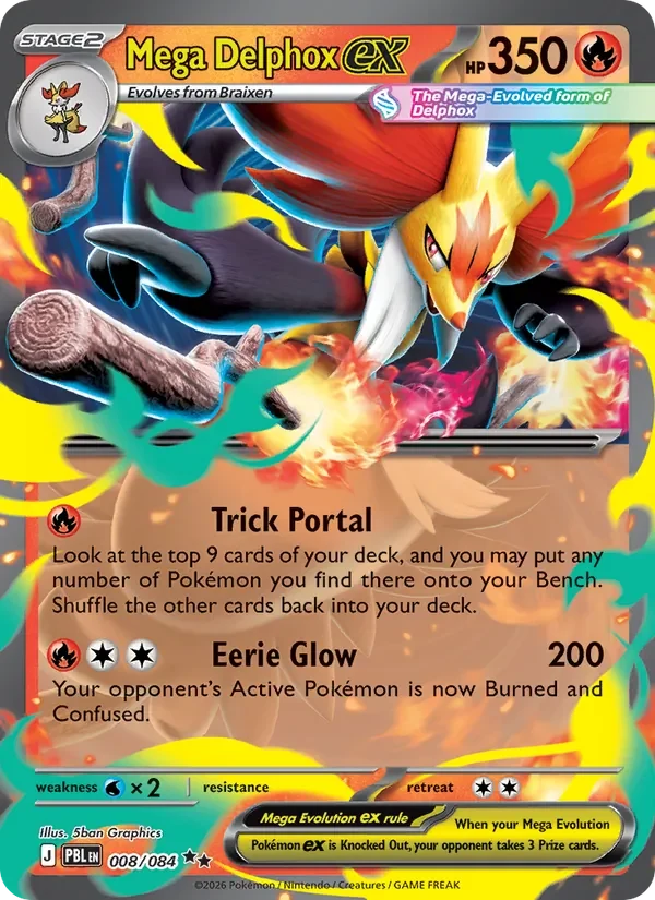 Mega Delphox ex 008/084 Pitch Black Pokémon card, Double Rare, front scan