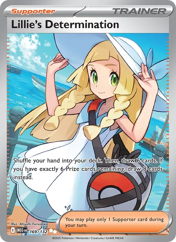 Lillie's Determination 169/132 Mega Evolution Pokémon card, Ultra Rare, front scan