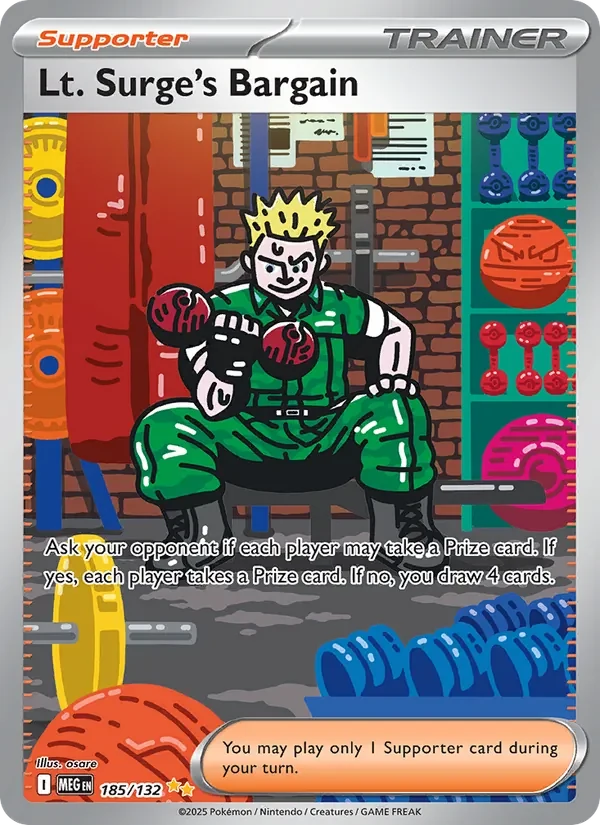 Lt. Surge's Bargain 185/132 Mega Evolution Pokémon card, Special Illustration Rare, front scan