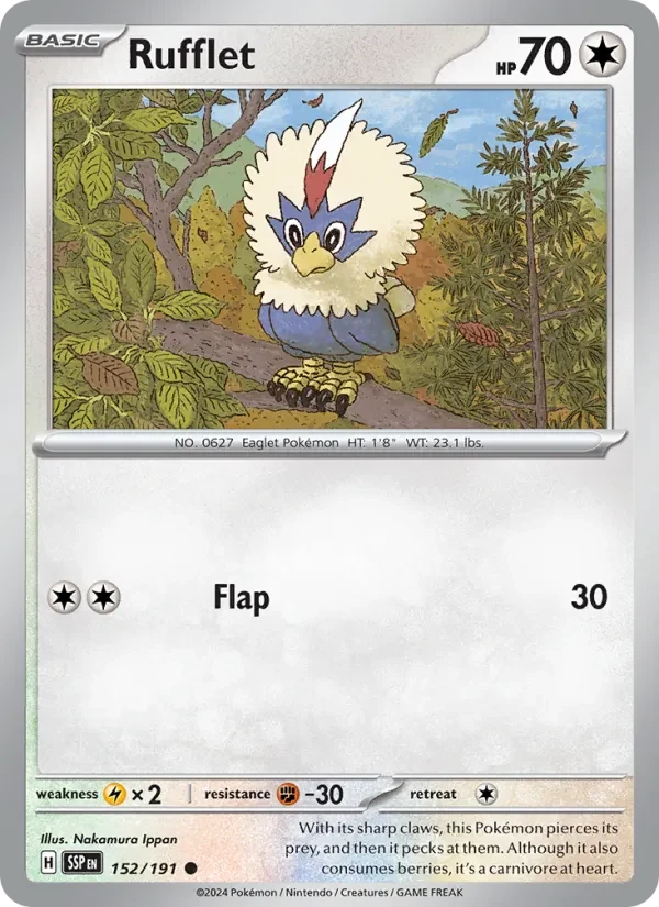 Rufflet 152/191 Surging Sparks Pokémon card, Common, front scan