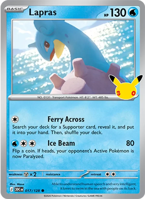 Lapras 017/128 30th Celebration Pokémon card, Common, front scan