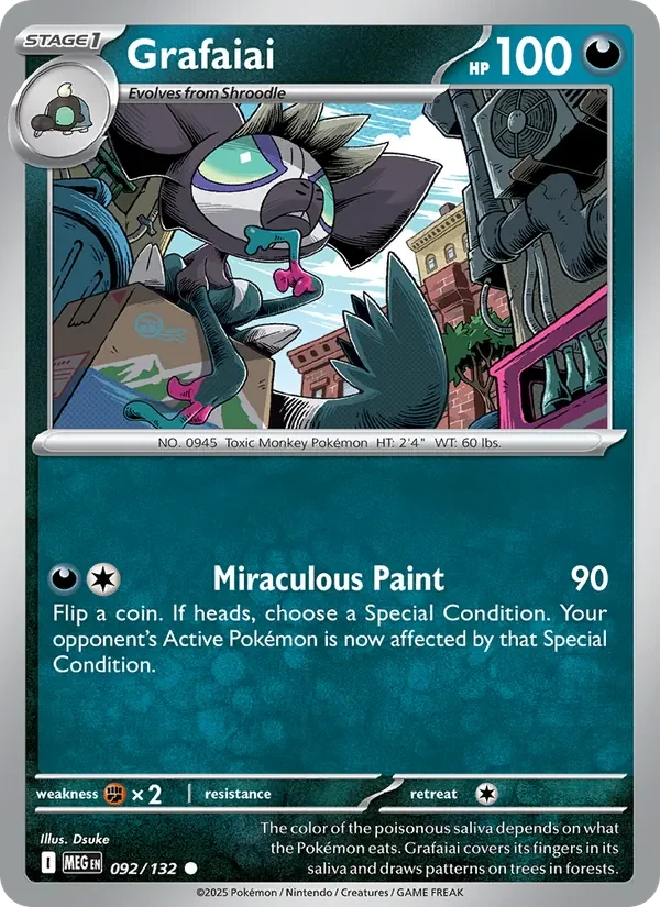 Grafaiai 092/132 Mega Evolution Pokémon card, Common, front scan