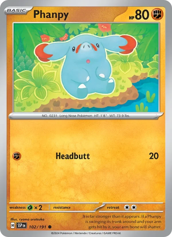 Phanpy 102/191 Surging Sparks Pokémon card, Common, front scan