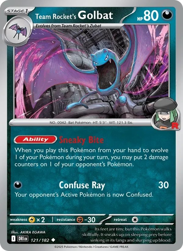 Team Rocket's Golbat 121/182 Destined Rivals Pokémon card, Uncommon, front scan