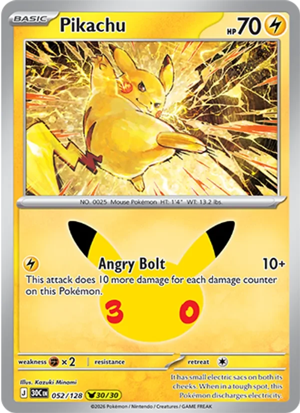 Pikachu 052/128 30th Celebration Pokémon card, Pikachu Rare, front scan