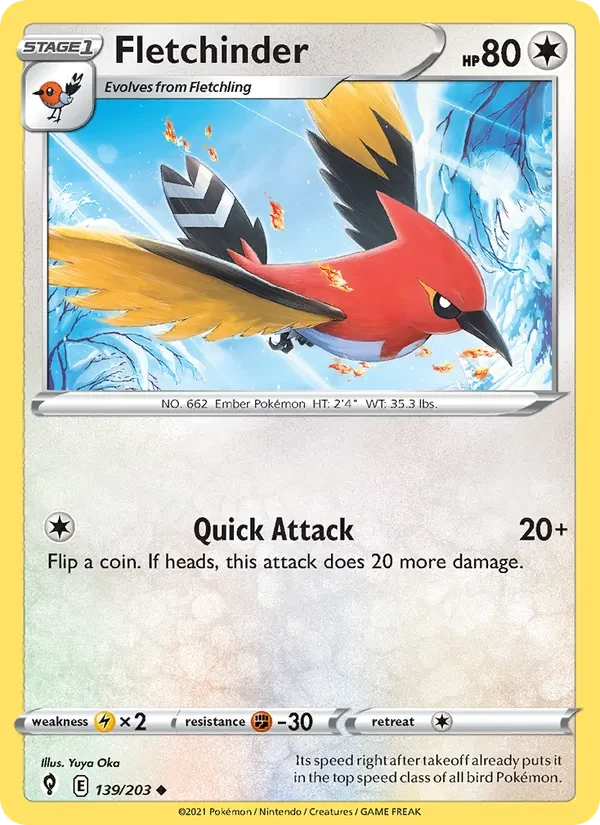 Fletchinder 139/203 Evolving Skies Pokémon card, Uncommon, front scan