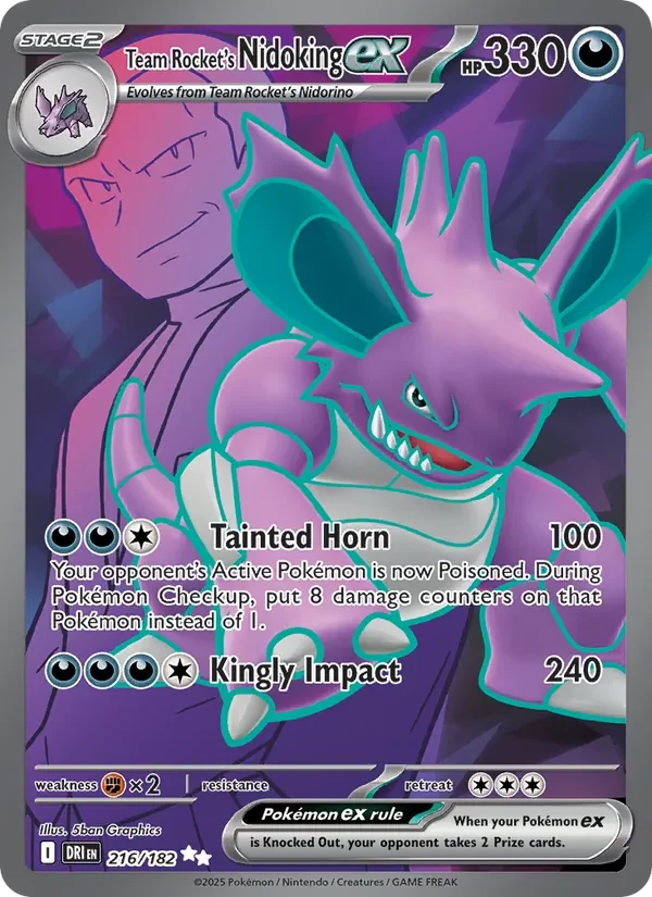 Team Rocket's Nidoking ex 216/182 Destined Rivals Pokémon card, Ultra Rare, front scan