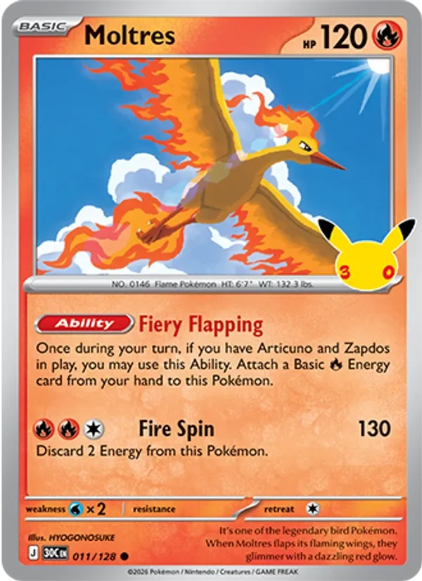 Moltres 011/128 30th Celebration Pokémon card, Common, front scan