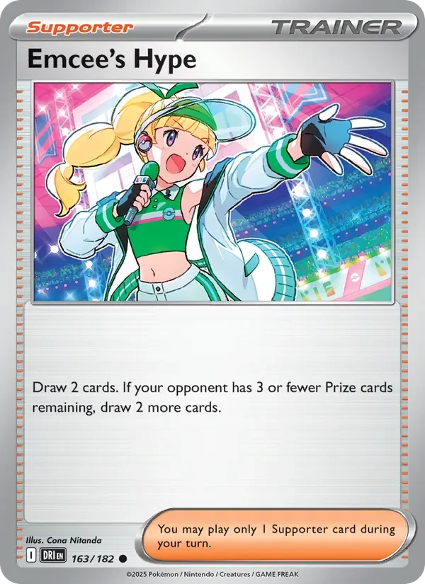 Emcee's Hype 163/182 Destined Rivals Pokémon card, Common, front scan