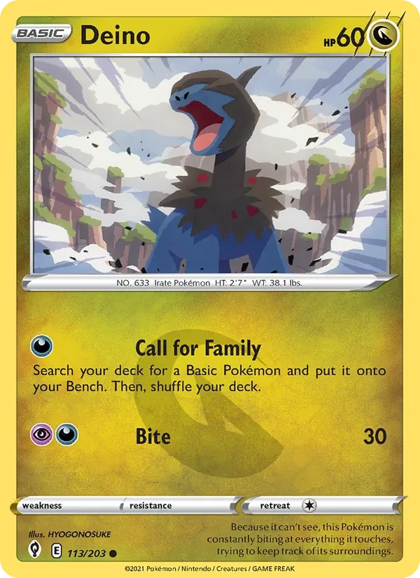 Deino 113/203 Evolving Skies Pokémon card, Common, front scan