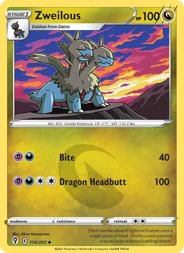 Zweilous 114/203 Evolving Skies Pokémon card, Uncommon, front scan