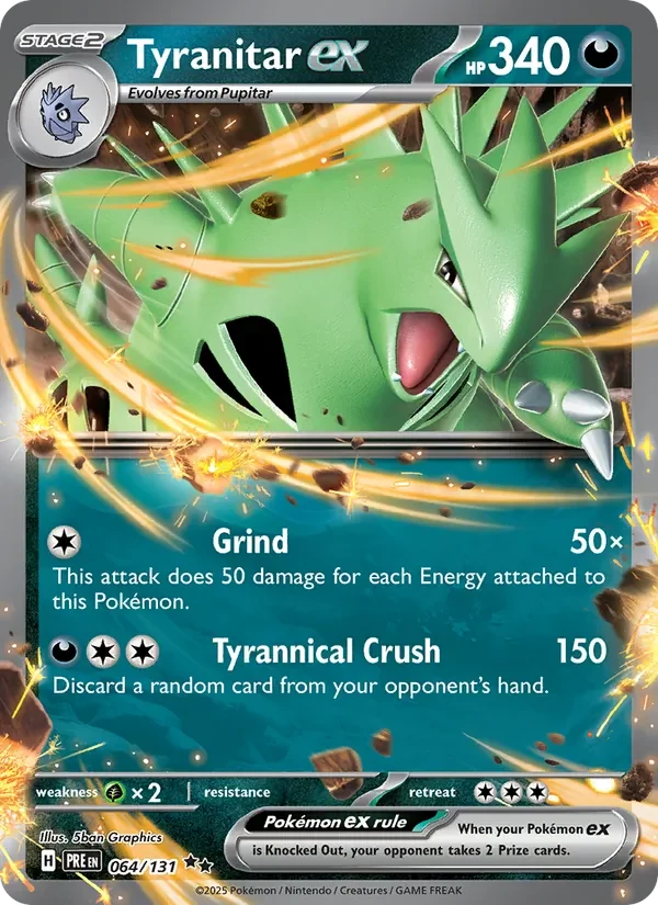Tyranitar ex 064/131 Prismatic Evolutions Pokémon card, Double Rare, front scan