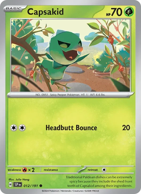 Capsakid 012/191 Surging Sparks Pokémon card, Common, front scan