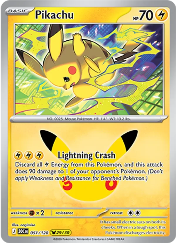 Pikachu 051/128 30th Celebration Pokémon card, Pikachu Rare, front scan