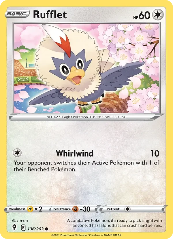 Rufflet 136/203 Evolving Skies Pokémon card, Common, front scan