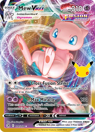 Mew VMAX 114/264 30th Celebration Pokémon card, Classic Collection, front scan