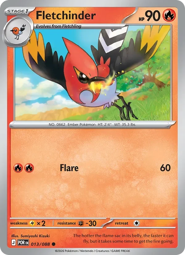 Fletchinder 013/088 Perfect Order Pokémon card, Common, front scan