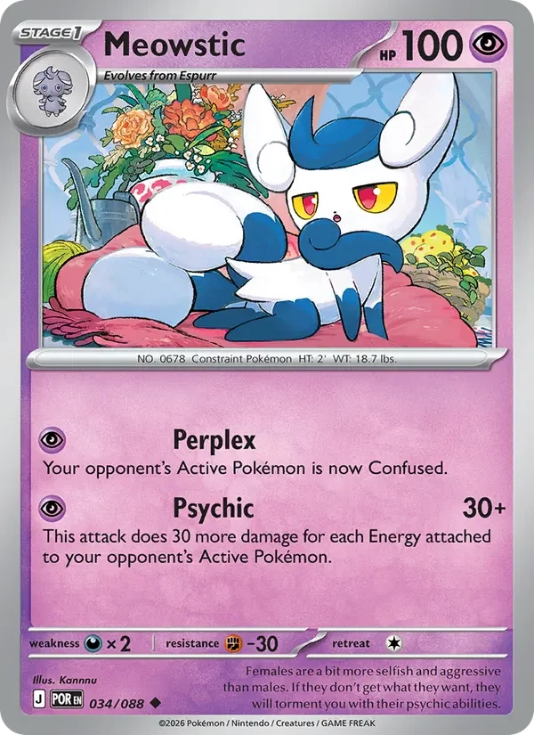 Meowstic 034/088 Perfect Order Pokémon card, Uncommon, front scan
