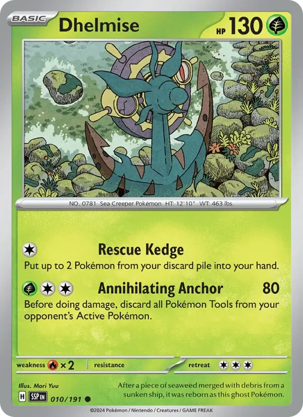 Dhelmise 010/191 Surging Sparks Pokémon card, Common, front scan